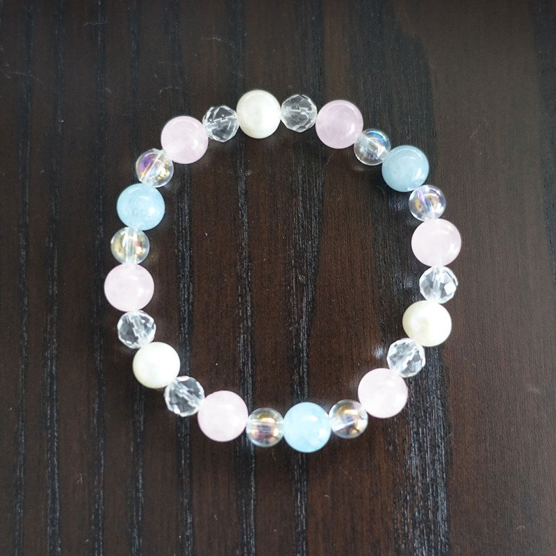 【送料無料】アクアマリン&ローズクォーツ&淡水パール&水晶 ブレスレット《168mm/愛・結婚運・感情の癒し》【ポスト投函対応可能商品】