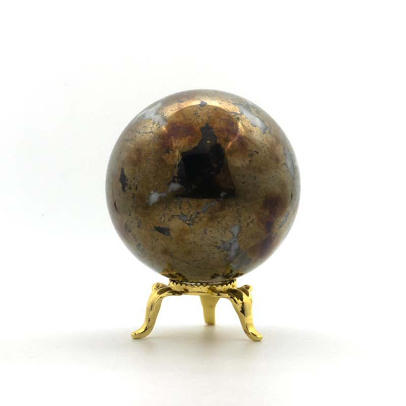 パイライト46mm球・丸玉(石英入り)金色台座付き《財運・金運》
