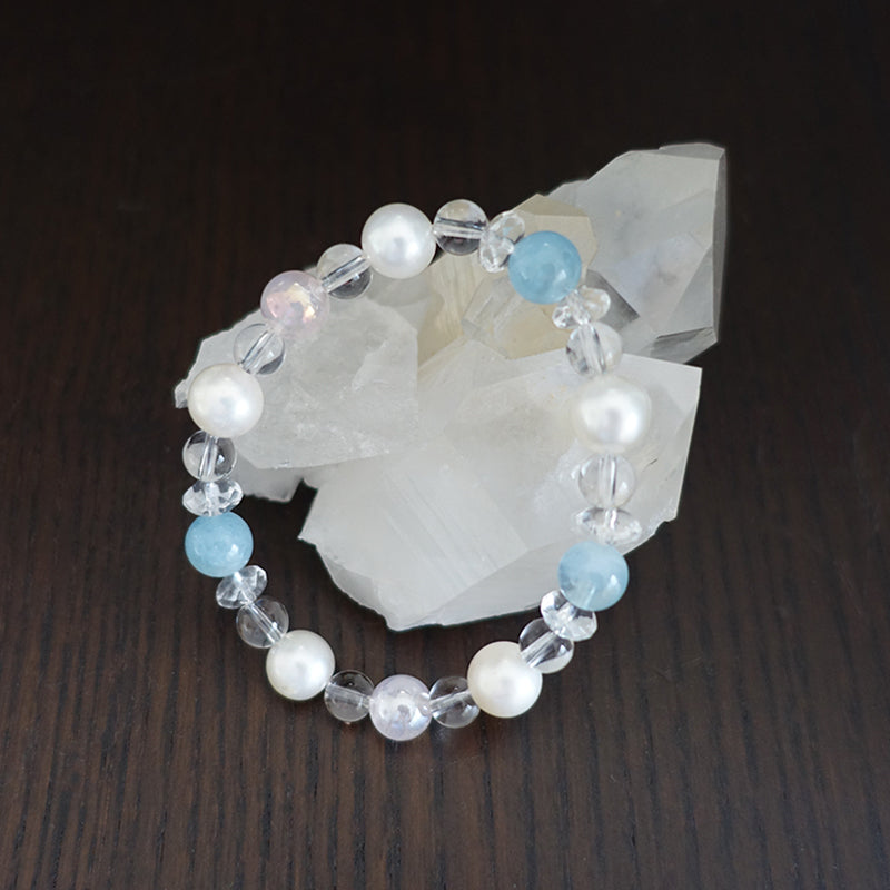 【送料無料】淡水パール&アクアマリン&ローズオーラ&水晶ブレスレット《170mm》【ポスト投函対応可能商品】