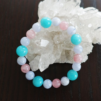 【送料無料】アマゾナイト＆ブルーレース＆ローズクォーツ ブレスレット《170mm/コミュニケーション/未来の展望/家庭愛》【ポスト投函対応可能商品】